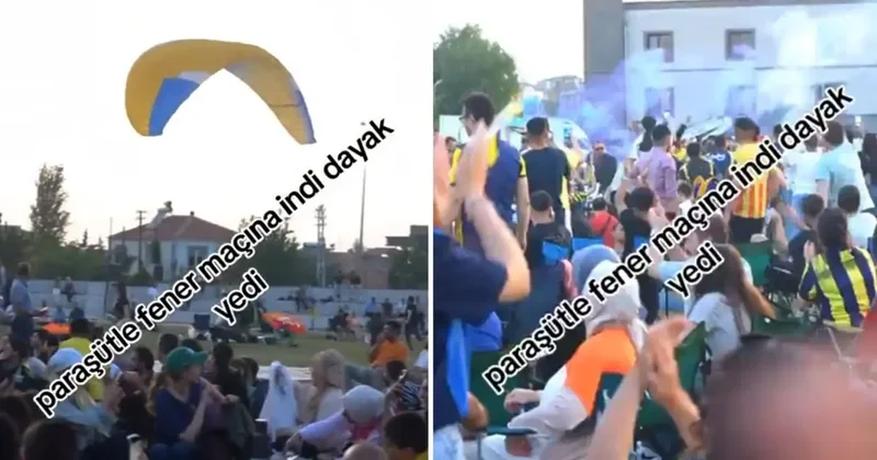 Galatasaray bayraklı paraşütüyle Fenerbahçelilerin içine daldı