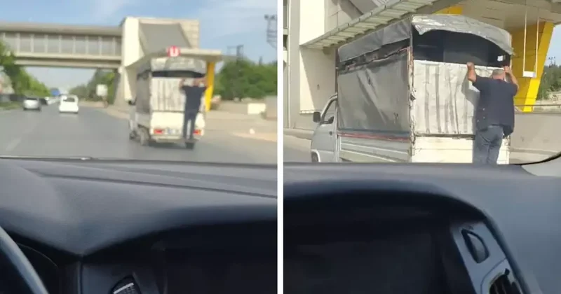 Kamyonetin kasasına tutunarak seyahat etti