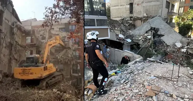 Avcılar’da yıkım sırasında devrilen binayı iş makinesi ile tutmaya çalıştılar