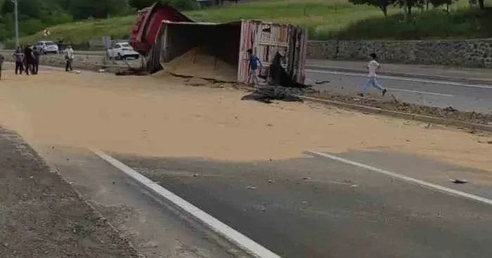 Bingöl’de buğday yüklü tır devrildi, yol trafiğe kapandı