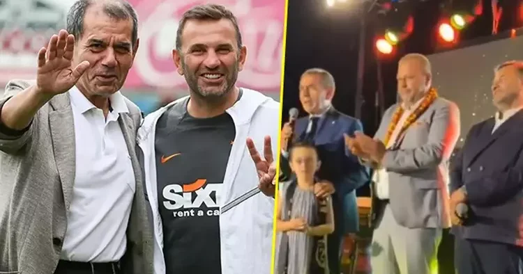 Galatasaray ın kutlamalarında esprili diyalog! Dursun Özbek ten Okan Buruk a: Sen de mi çıldırdın?