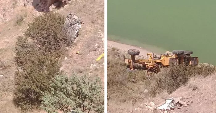 El freni çekilmeyen greyderin sürüklediği otomobil uçuruma yuvarlandı: 1 ölü, 1 yaralı