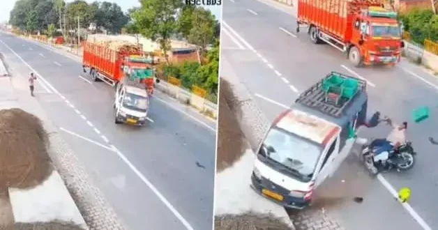 Hindistan da dehşet anları: Kamyonet karşı şeride geçti, motosikletle çarpıştı