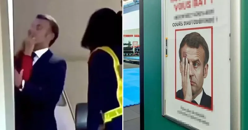 Eşinden tokat yiyen Macron rezil oldu! Asılan afiş bomba