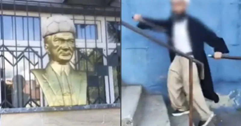 Cübbeli, sarıklı şahıs Atatürk büstüne saldırdı: 2 3 sene sonra bu heykellerini balyozla kıracağız
