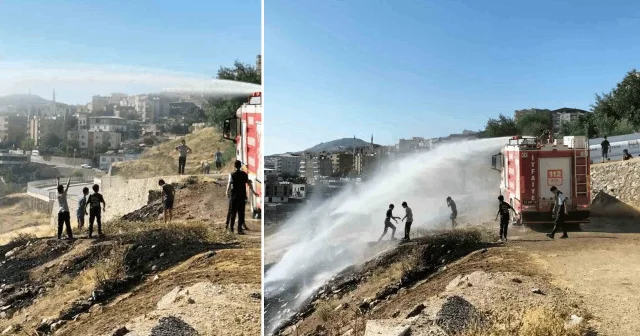 İtfaiyeciler yangın söndürme derdinde, çocuklar serinlemenin keyfinde Şırnak Haberleri