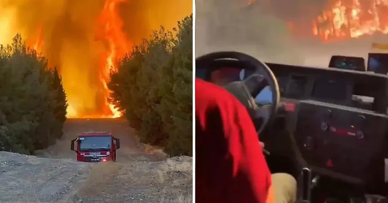 Alevlerin arasında kalan orman ekibi son anda kurtuldu