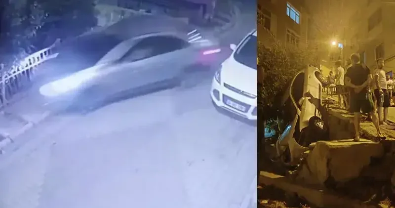 Kağıthane’de aracıyla bina boşluğuna düşen sürücü olay yerinden kaçtı; kaza kamerada
