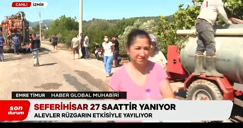 Seferihisar da alevler rüzgarın etkisiyle yayılıyor! Haber Global olay yerinde...