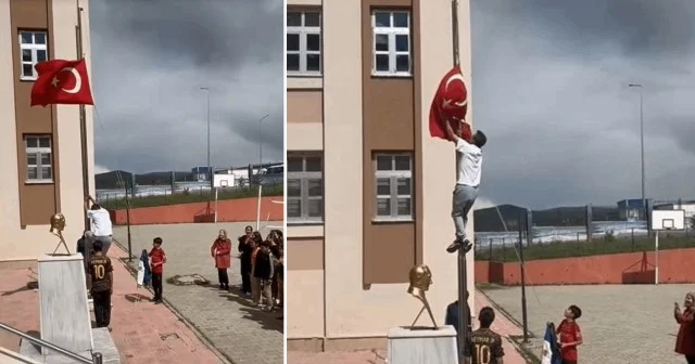 Ardahanlı öğretmen okul önünde direğe dolanan bayrağı tırmanarak çözdü Ardahan Haberleri