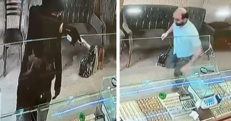 Kuyumcudaki silahlı soygun girişimini sandalye fırlatarak engelledi