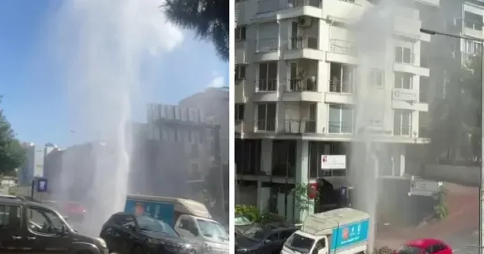 Kadıköy de su borusu patladı: Tazyikli su metrelerce havaya fışkırdı